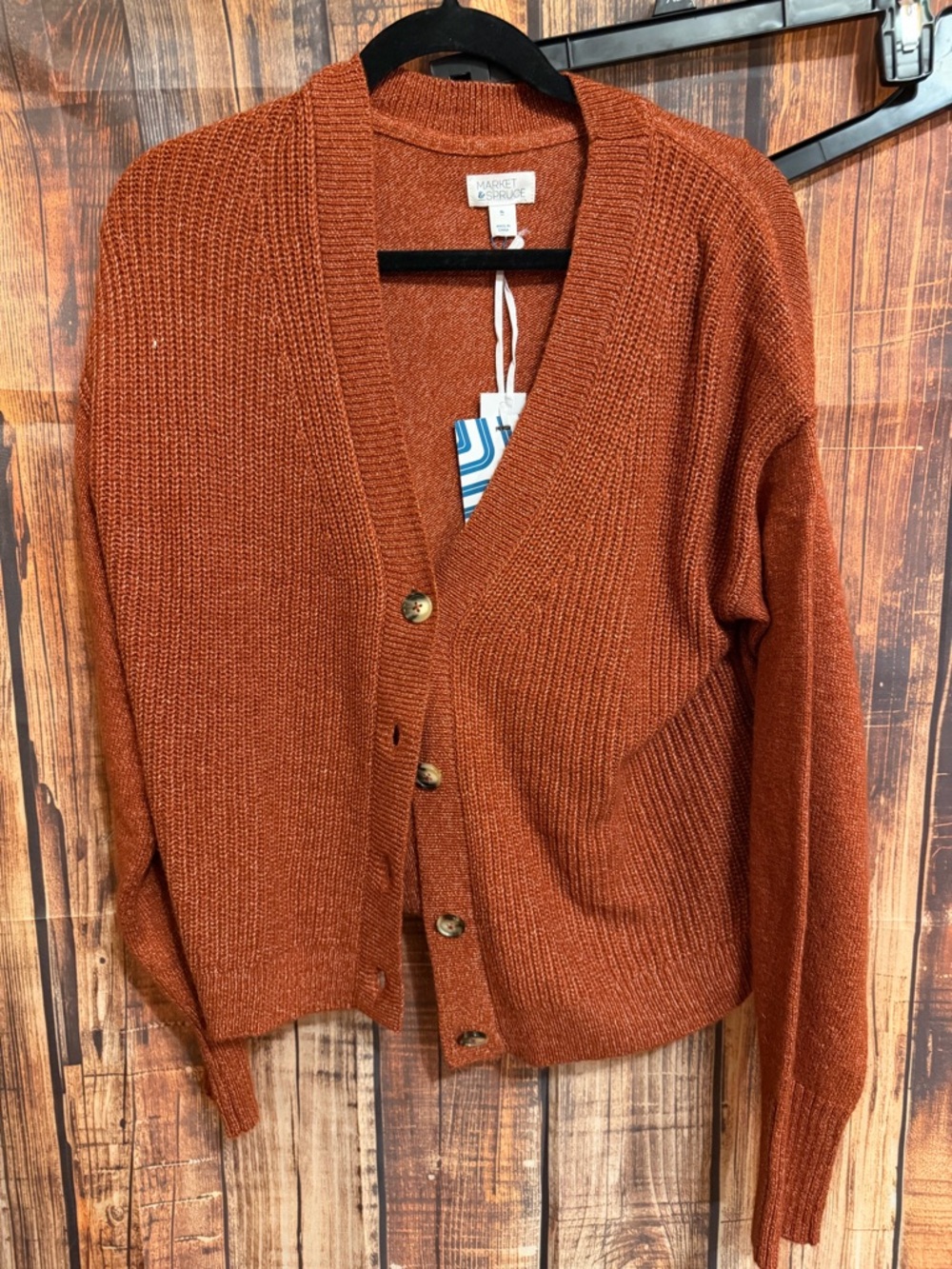 Market & Spruce Rust Orange Button-Front Ribbed Cardigan